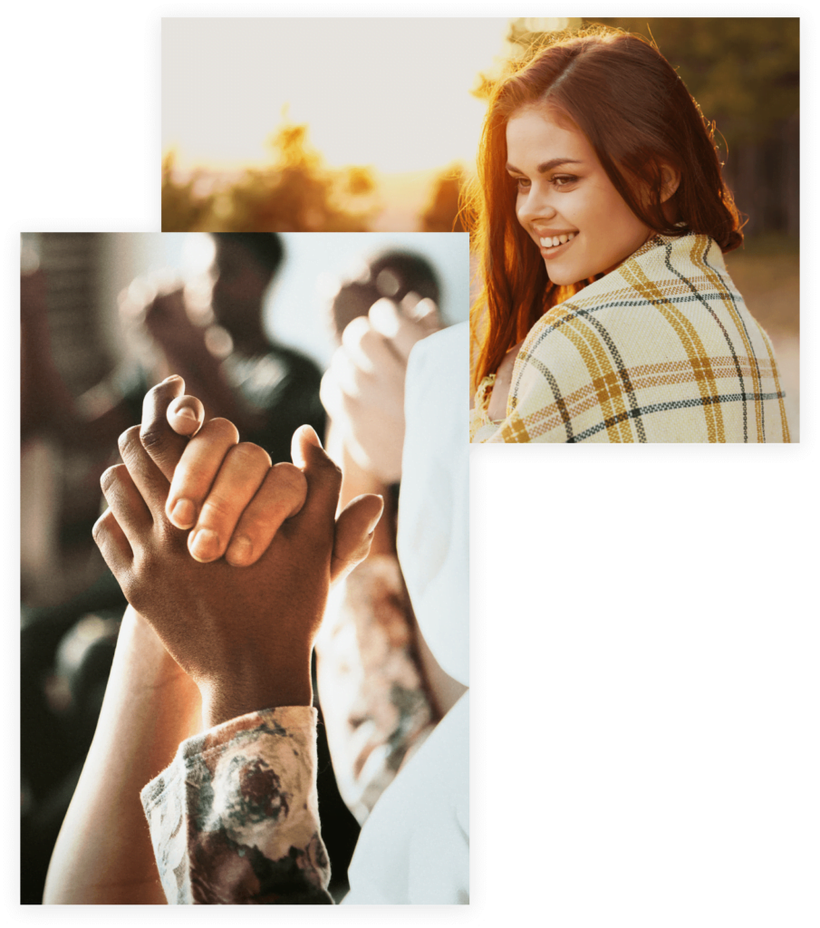 Woman smiling with sunset behind her and people holding hands. Cooperative Recovery opioid addiction treatment center.