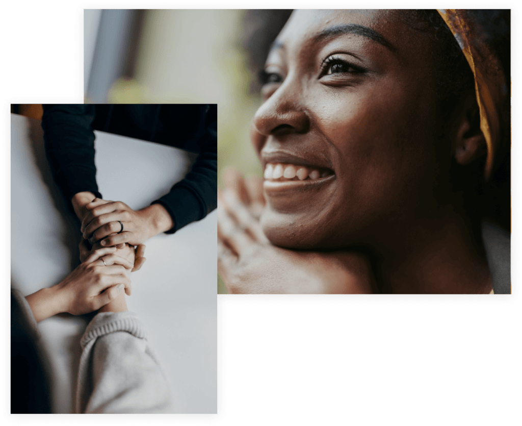 Woman smiling and couple holding hands